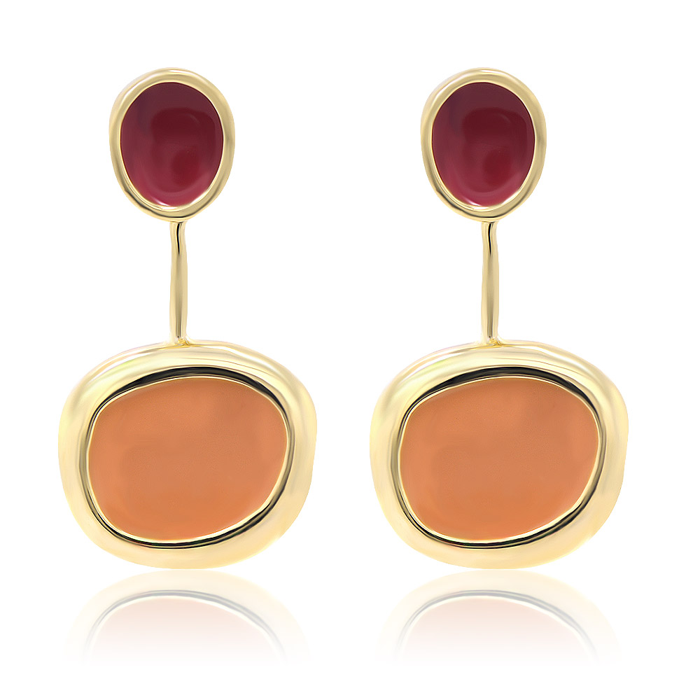 Color Enamel Disc With Two Tone Earrings - Red & Brown